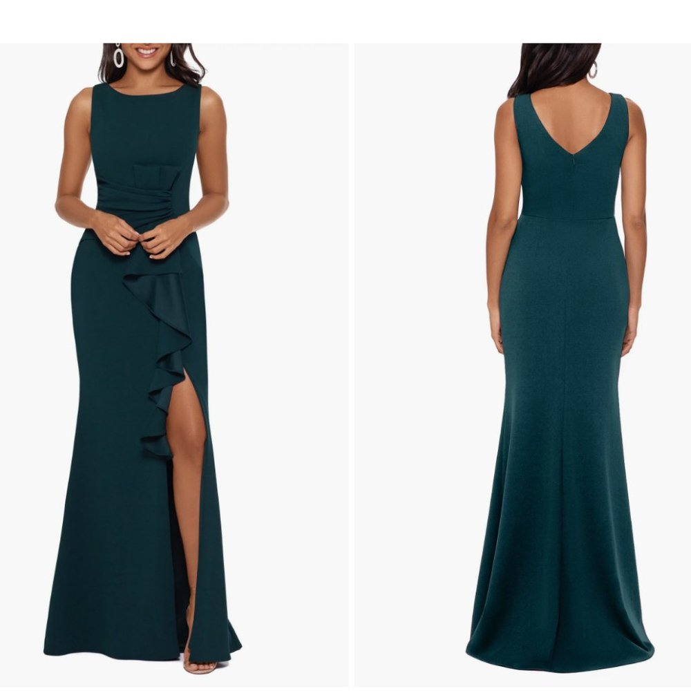 NWT - Betsy & Adam - Ruffle Bow Trumpet Ball Gown - Pine Green - Size 12